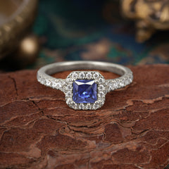 Princess Cut Tanzanite Engagement Ring Halo Half Eternity Pave Band