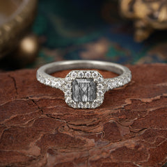 Princess Cut Black Rutilated Quartz Engagement Ring Halo Half Eternity Pave Band
