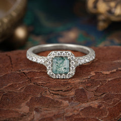 Princess Cut Moss Agate Engagement Ring Halo Half Eternity Pave Band