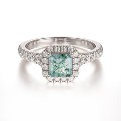 Princess Cut Moss Agate Engagement Ring Halo Half Eternity Pave Band