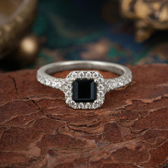 Princess Cut Black Onyx Engagement Ring Halo Half Eternity Pave Band