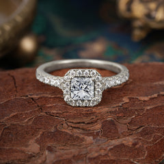 Princess Cut  Lab Diamond Engagement Ring Halo Half Eternity Pave Band