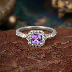 Princess Cut Amethyst Engagement Ring Halo Half Eternity Pave Band