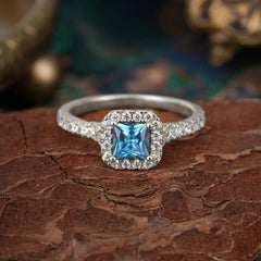 Princess Cut Aquamarine Engagement Ring Halo Half Eternity Pave Band