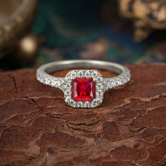 Princess Cut Ruby Engagement Ring Halo Half Eternity Pave Band