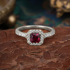 Princess Cut Ruby Engagement Ring Halo Half Eternity Pave Band