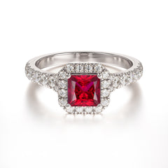 Princess Cut Ruby Engagement Ring Halo Half Eternity Pave Band
