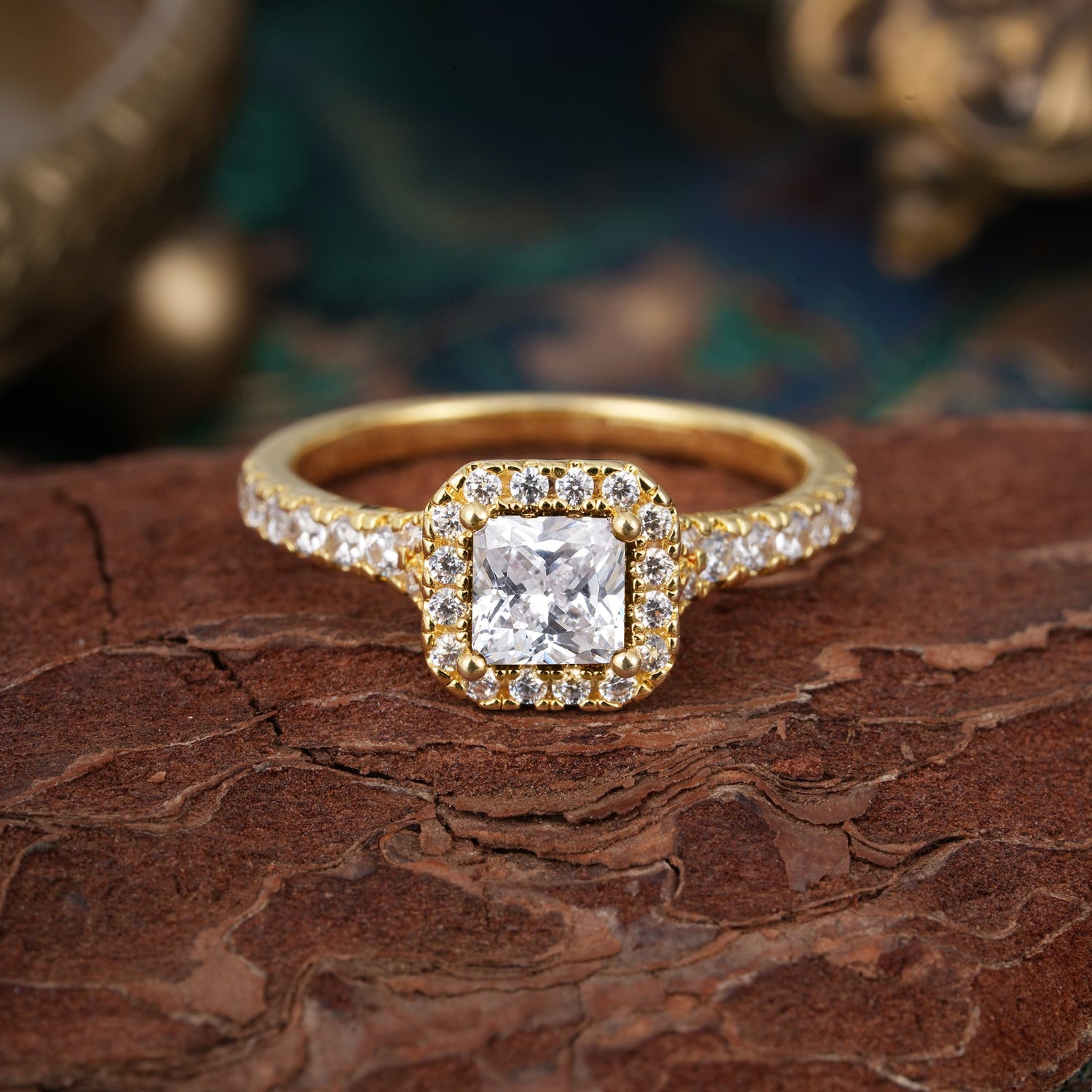 Princess Cut Moissanite Engagement Ring Halo Half Eternity Pave Band