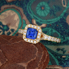 4 Prong Princess Cut Sapphire Engagement Ring Halo Half Eternity Pave Band