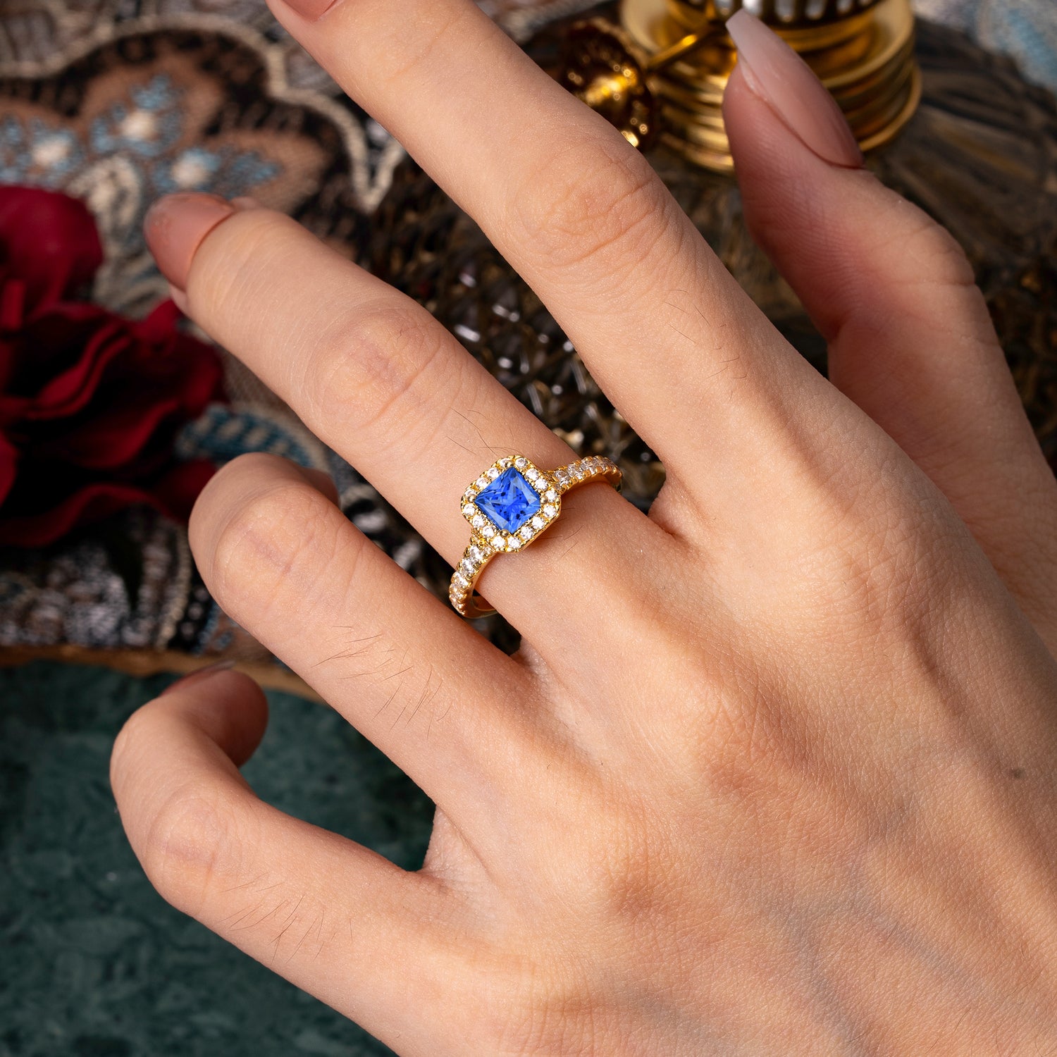 4 Prong Princess Cut Sapphire Engagement Ring Halo Half Eternity Pave Band