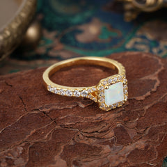 Princess Cut Opal Engagement Ring Halo Half Eternity Pave Band