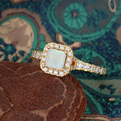 Princess Cut Opal Engagement Ring Halo Half Eternity Pave Band