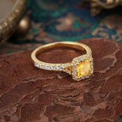 Princess Cut Citrine Engagement Ring Halo Half Eternity Pave Band