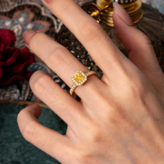 Princess Cut Citrine Engagement Ring Halo Half Eternity Pave Band