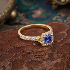 Princess Cut Tanzanite Engagement Ring Halo Half Eternity Pave Band