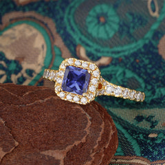 Princess Cut Tanzanite Engagement Ring Halo Half Eternity Pave Band