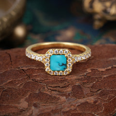 Princess Cut Turquoise Engagement Ring Halo Half Eternity Pave Band