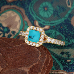 Princess Cut Turquoise Engagement Ring Halo Half Eternity Pave Band
