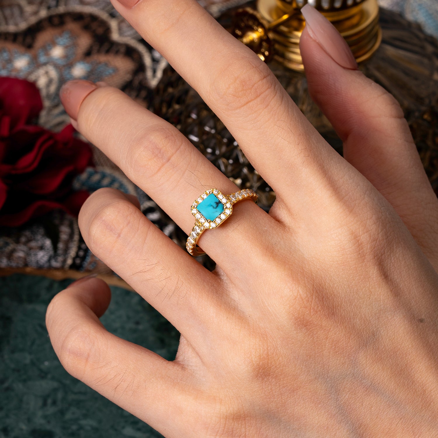 Princess Cut Turquoise Engagement Ring Halo Half Eternity Pave Band