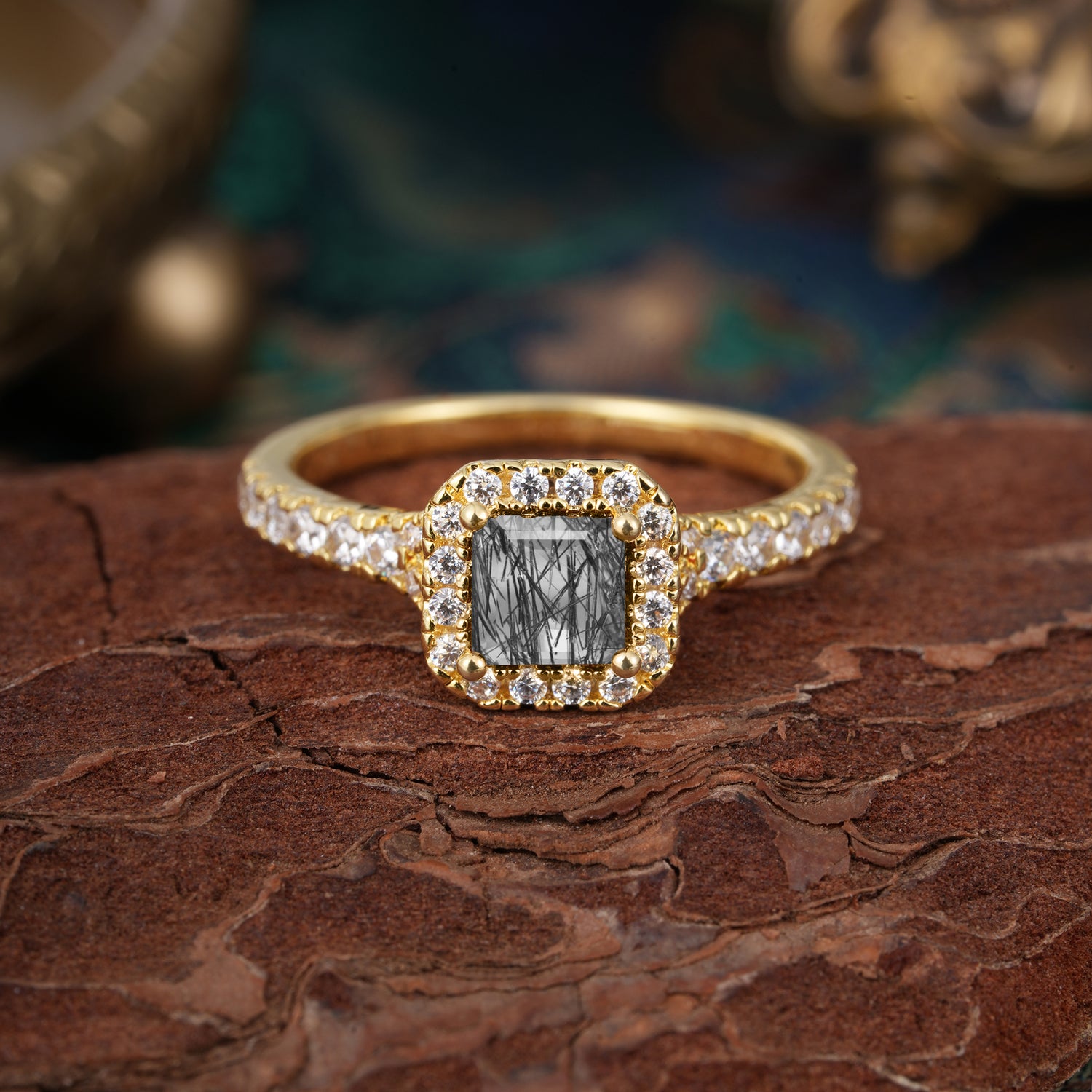 Princess Cut Black Rutilated Quartz Engagement Ring Halo Half Eternity Pave Band