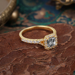 Princess Cut Black Rutilated Quartz Engagement Ring Halo Half Eternity Pave Band