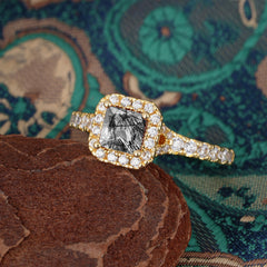 Princess Cut Black Rutilated Quartz Engagement Ring Halo Half Eternity Pave Band