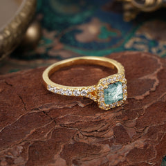 Princess Cut Moss Agate Engagement Ring Halo Half Eternity Pave Band