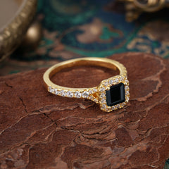 Princess Cut Black Onyx Engagement Ring Halo Half Eternity Pave Band