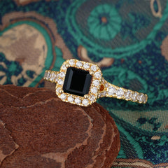 Princess Cut Black Onyx Engagement Ring Halo Half Eternity Pave Band