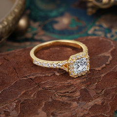 Princess Cut  Lab Diamond Engagement Ring Halo Half Eternity Pave Band
