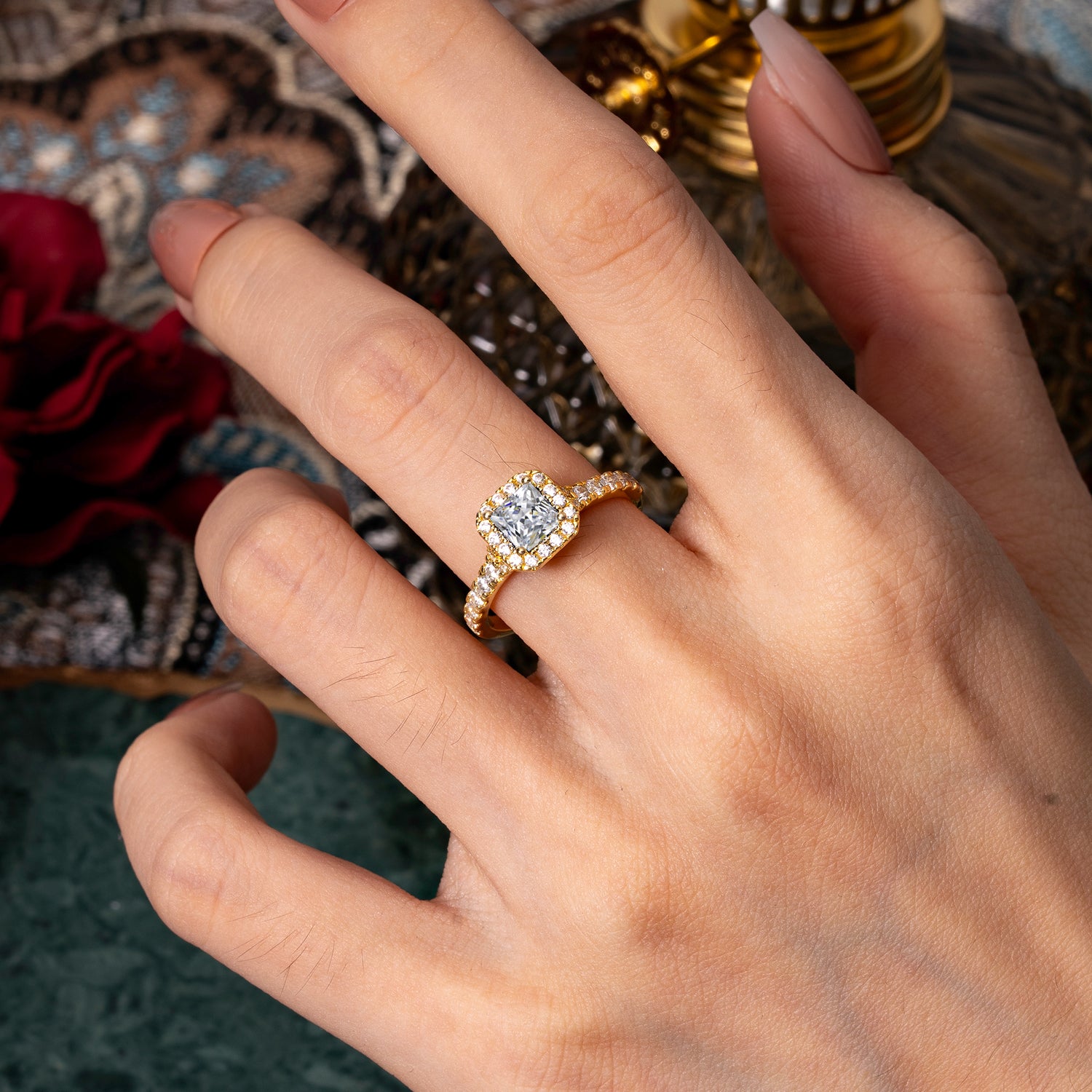 Princess Cut  Lab Diamond Engagement Ring Halo Half Eternity Pave Band