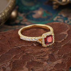 Princess Cut Garnet Engagement Ring Halo Half Eternity Pave Band
