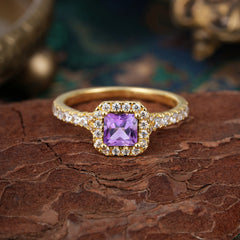 Princess Cut Amethyst Engagement Ring Halo Half Eternity Pave Band