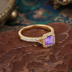 Princess Cut Amethyst Engagement Ring Halo Half Eternity Pave Band