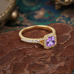 Princess Cut Amethyst Engagement Ring Halo Half Eternity Pave Band