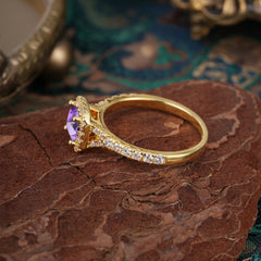 Princess Cut Amethyst Engagement Ring Halo Half Eternity Pave Band