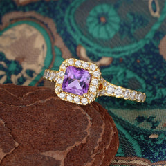 Princess Cut Amethyst Engagement Ring Halo Half Eternity Pave Band
