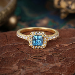 Princess Cut Aquamarine Engagement Ring Halo Half Eternity Pave Band