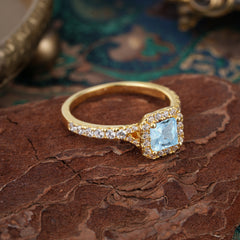 Princess Cut Aquamarine Engagement Ring Halo Half Eternity Pave Band