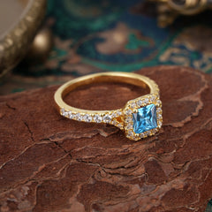 Princess Cut Aquamarine Engagement Ring Halo Half Eternity Pave Band