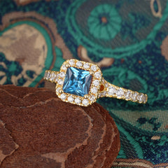 Princess Cut Aquamarine Engagement Ring Halo Half Eternity Pave Band