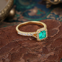 Princess Cut  Emerald Engagement Ring Halo Half Eternity Pave Band