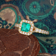 Princess Cut  Emerald Engagement Ring Halo Half Eternity Pave Band