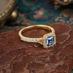 Princess Cut Alexandrite Engagement Ring Halo Half Eternity Pave Band