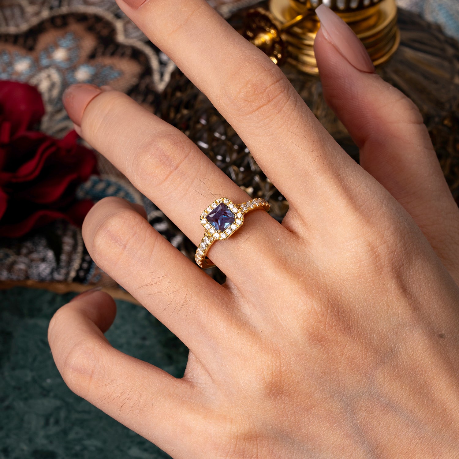Princess Cut Alexandrite Engagement Ring Halo Half Eternity Pave Band
