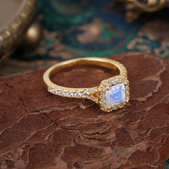 Princess Cut Moonstone Engagement Ring Halo Half Eternity Pave Band