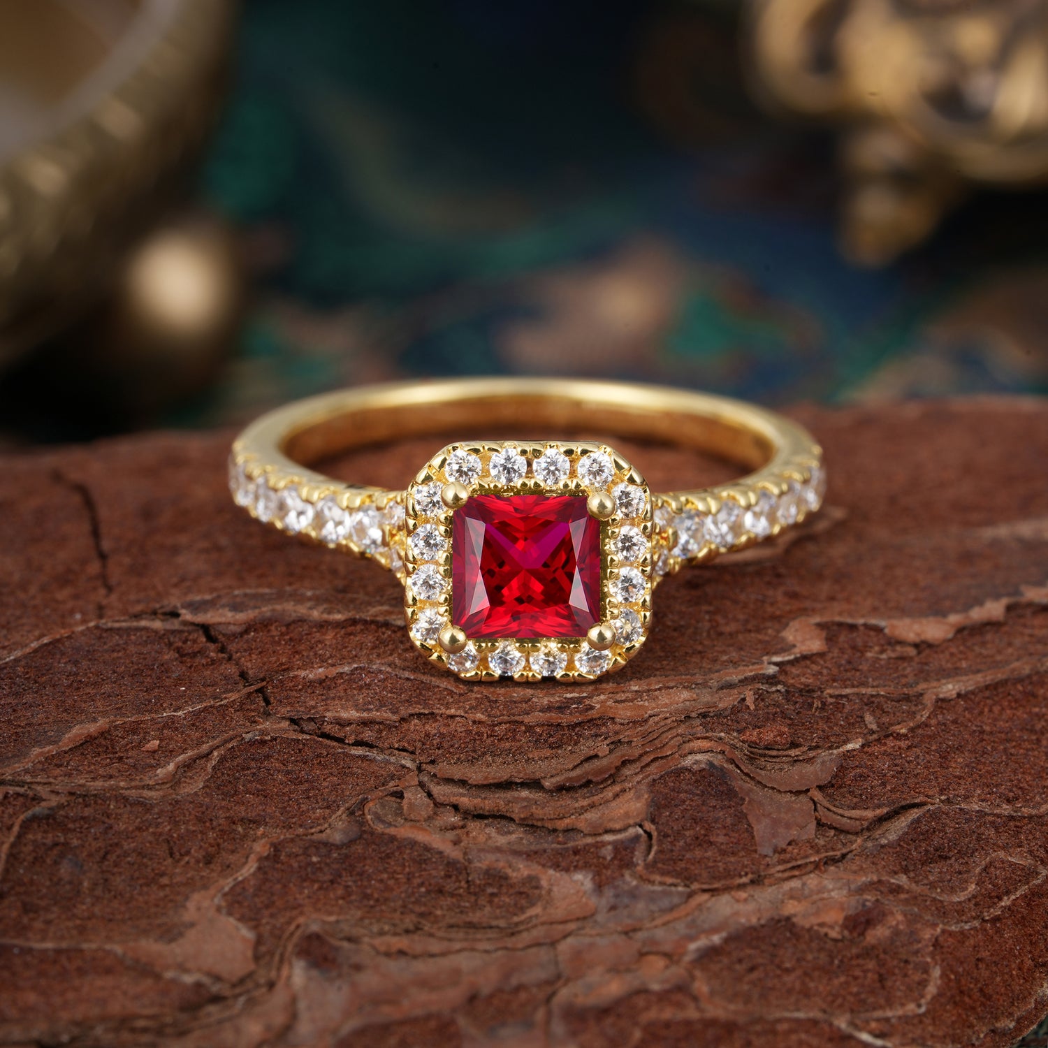 Princess Cut Ruby Engagement Ring Halo Half Eternity Pave Band