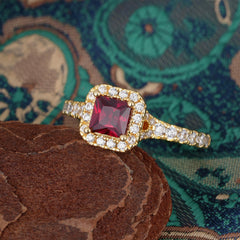 Princess Cut Ruby Engagement Ring Halo Half Eternity Pave Band