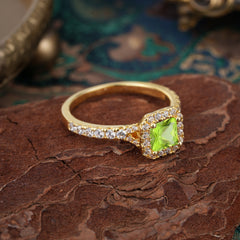 Princess Cut Peridot Engagement Ring Halo Half Eternity Pave Band