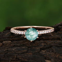 Classic Round Cut Moss Agate Engagement Ring Pave Bridal Ring